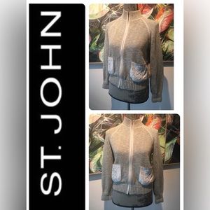 St. John Mock Neck Full Zip Sweater with Leather trim & Leather Lace Pockets. PM